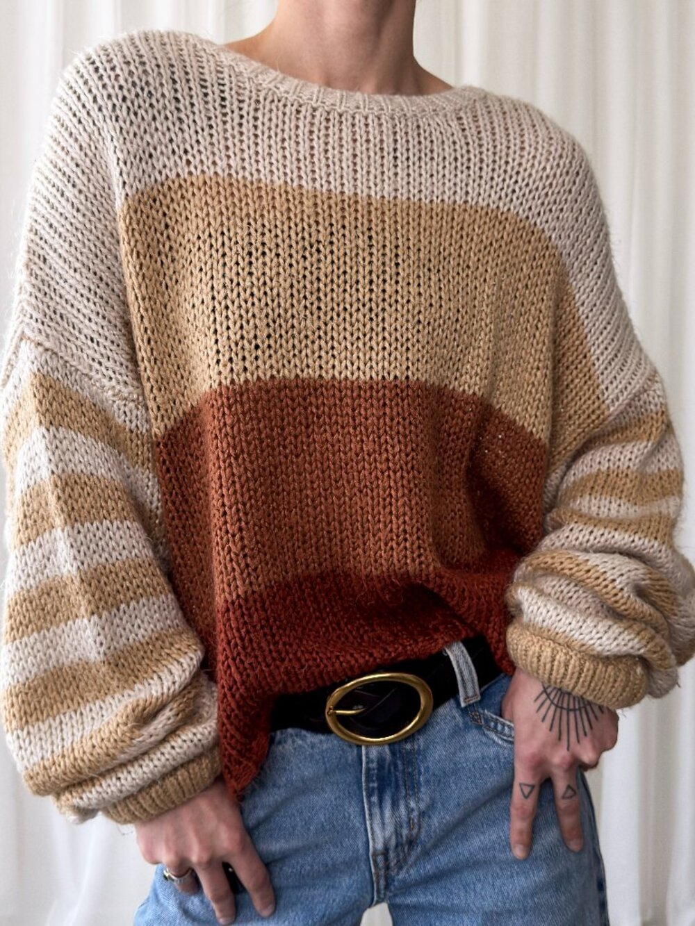 Chunky Knit Sweater Colorblock Cream‎ Rust Tan Oversized Pullover Women's Large